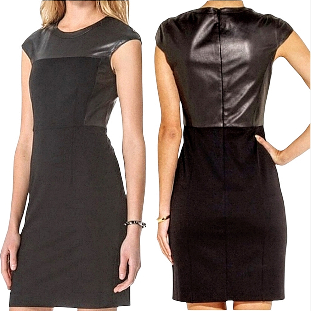 Theory Lamb Leather Cap Sleeve Shealth Black Dress